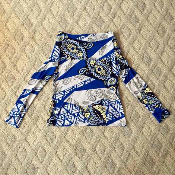 NWOT Designer DENISE HAJJAR Blue/Yellow Boatneck Stretch Top, size SMALL - Picture 1 of 3